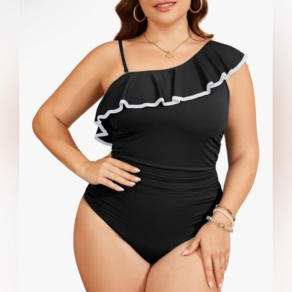 Tempt Me Women’s Black One Piece Swimsuit Tummy Control 1 Shoulder Ruffle M NWT - Picture 3 of 8